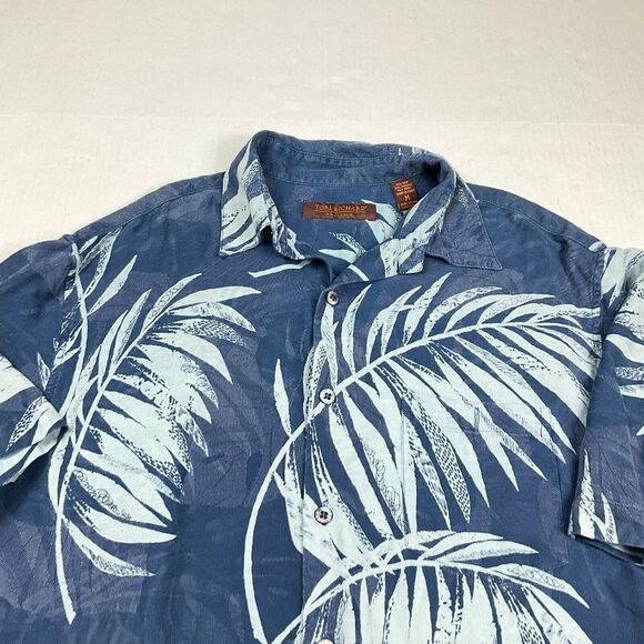 Tori Richard Mens Silk Blend Button Up Shirt Blue Leaf Print Short Sleeve Medium - Picture 3 of 10